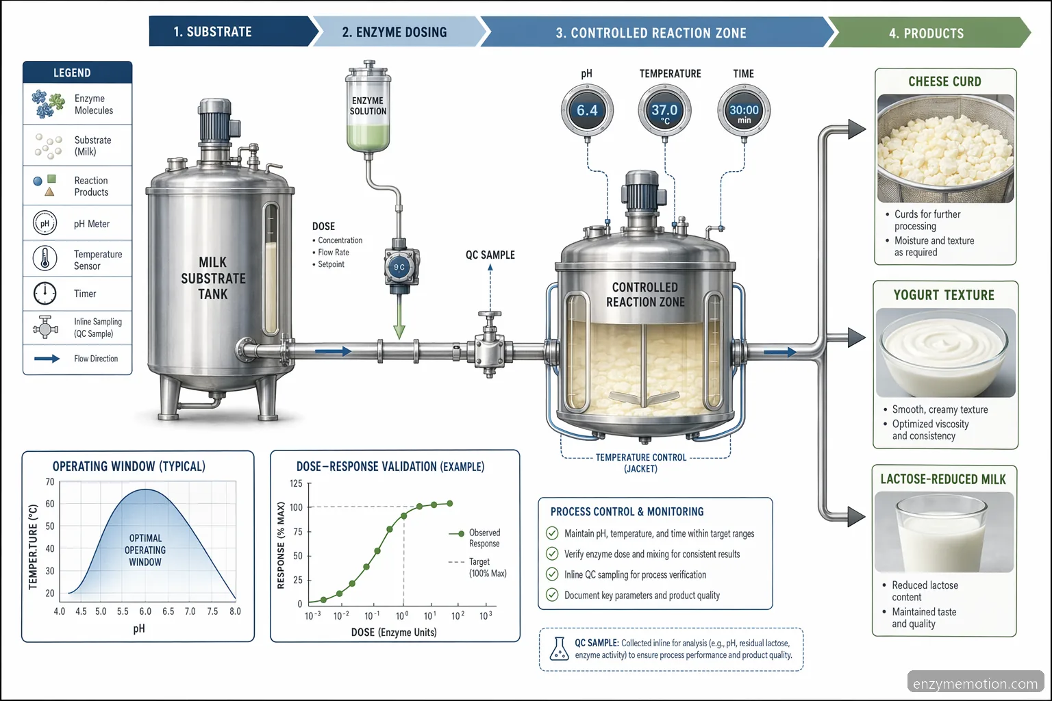 dairy enzyme process diagram for controlled dairy processing mapping pH, temperature, dose, and substrate conversion