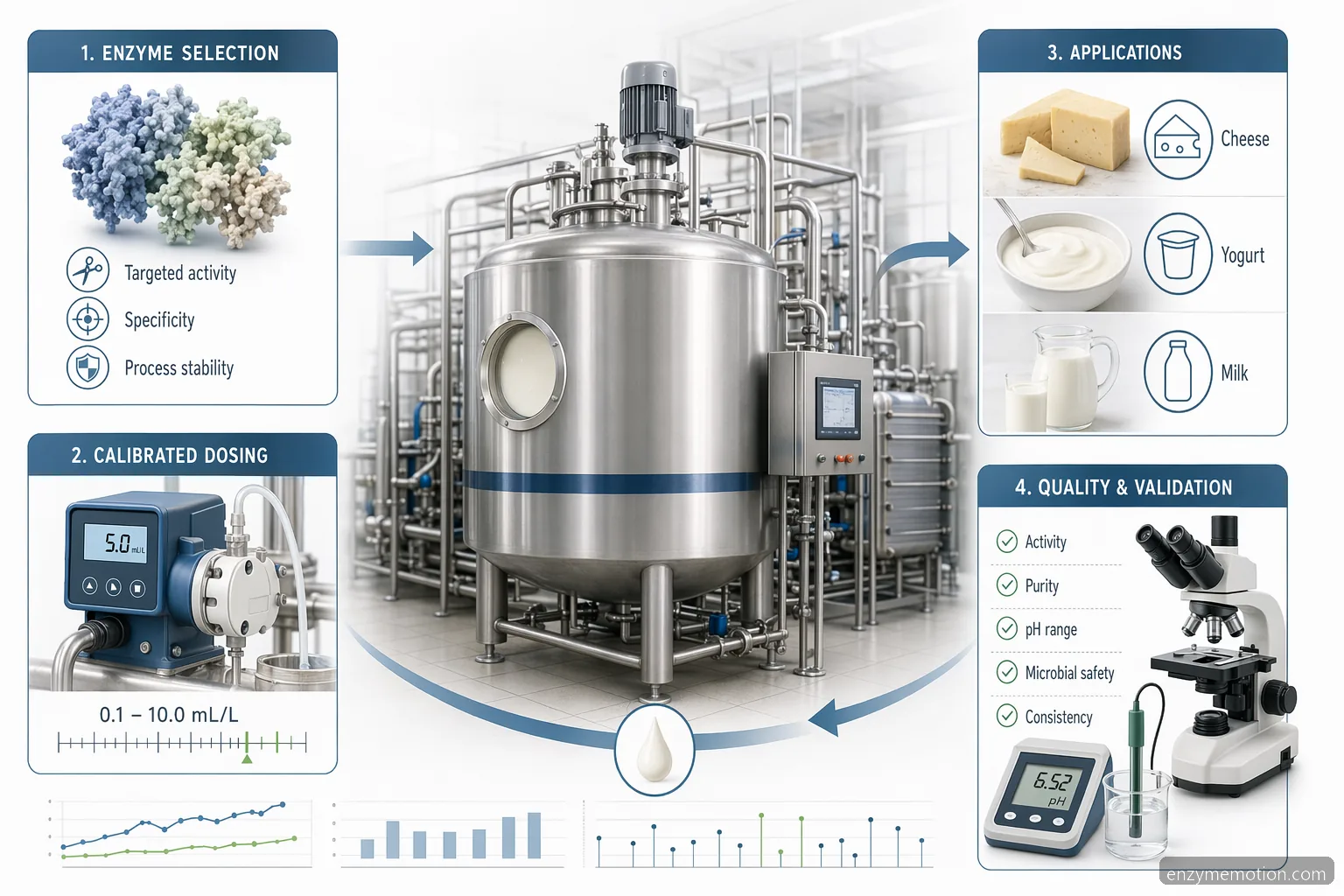 dairy enzyme for controlled dairy processing showing dosing, validation, and cheese-yogurt-milk applications