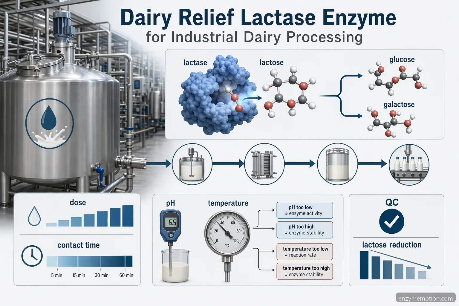 dairy relief lactase enzyme industrial dairy processing infographic showing dosage, pH, temperature, and QC checkpoints