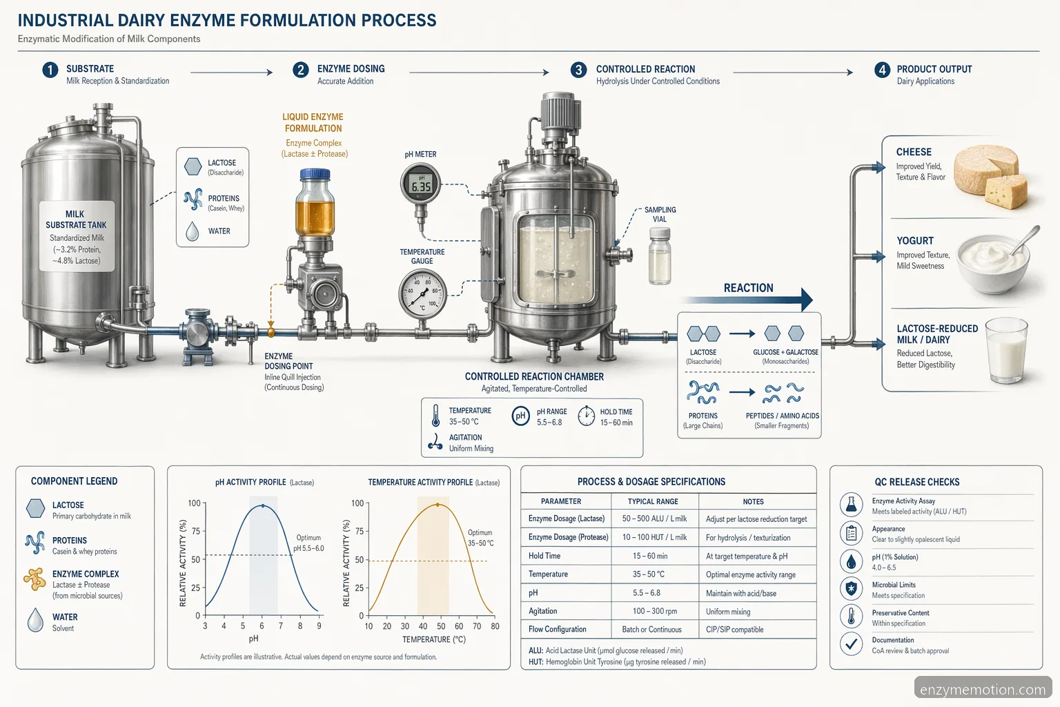 pure encapsulations gluten dairy enzymes process diagram showing pH, temperature, dosing, and milk substrate conversion